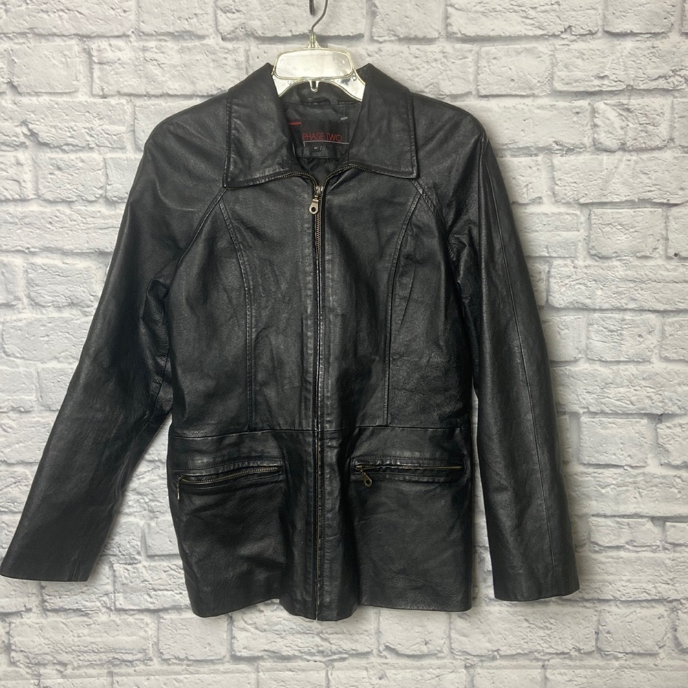 Vintage Phase Two Medium Black 100% Genuine Leather Zip Up Jacket